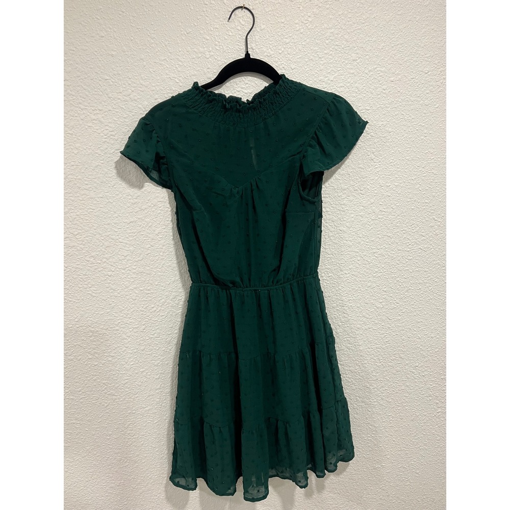 Dark Green Swiss Dot Tiered Mini Dress Smocked High Neck Flutter Sleeve Small